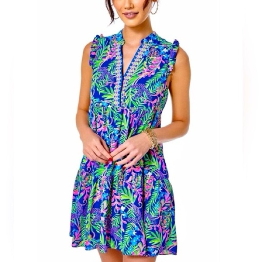 Lilly Pulitzer Blue Tropical Print Sleeveless Ruffle Dress